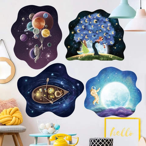 Träumerisch 3D Universum Weltraum Wandaufkleber Astronaut Planet Mond Stern Sternenhimmel Hintergrund PVC Wasserdicht Aufkleber Für Kinderzimmer Deko
