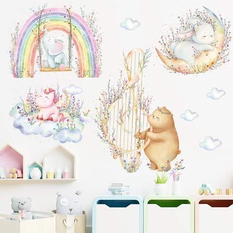 Adesivi Murali Animali Acquerello Arcobaleno Elefante Coniglio Unicorno Orso Cartone Animato Rimovibile PVC Decalcomanie Per Cameretta