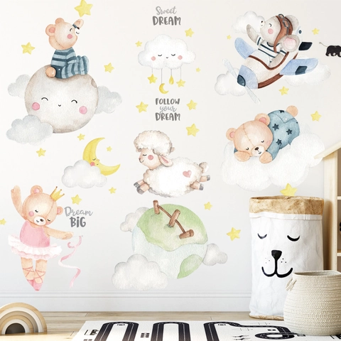 Cartoon Bär Mond Stern Wolken Wandaufkleber Aquarell Tier Schaf Flugzeug Aufkleber Für Kinderzimmer Schlafzimmer Deko