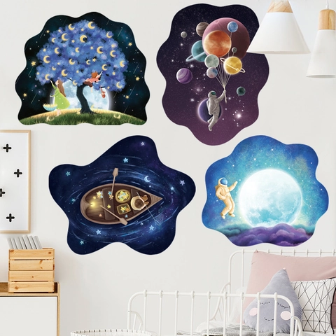 Träumerisch 3D Universum Weltraum Wandaufkleber Astronaut Planet Mond Stern Sternenhimmel Hintergrund PVC Wasserdicht Aufkleber Für Kinderzimmer Deko