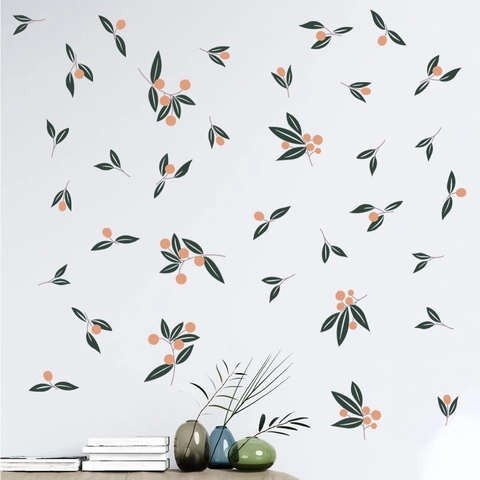 Nordisch Grüne Blätter Orange Beeren PVC Selbstklebend Wandtattoo Modern Minimalistisch Wandaufkleber Für Wohnzimmer Home Dekor