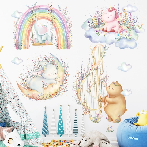 Adesivi Murali Animali Acquerello Arcobaleno Elefante Coniglio Unicorno Orso Cartone Animato Rimovibile PVC Decalcomanie Per Cameretta