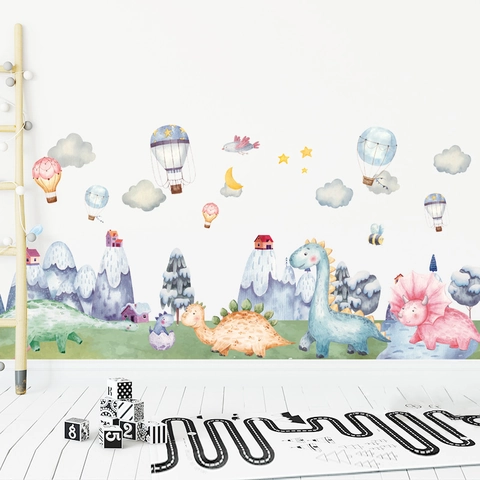 Adesivi Murali Dinosauro Acquerello Per Camera Bambini Montagna Innevata Bosco PVC Autoadesivo Impermeabile Decorazione Asilo