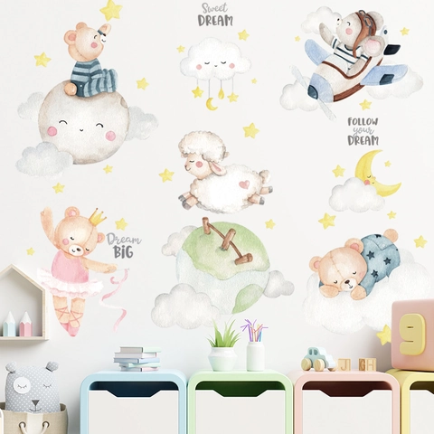 Cartoon Bär Mond Stern Wolken Wandaufkleber Aquarell Tier Schaf Flugzeug Aufkleber Für Kinderzimmer Schlafzimmer Deko
