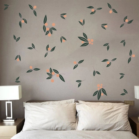 Nordisch Grüne Blätter Orange Beeren PVC Selbstklebend Wandtattoo Modern Minimalistisch Wandaufkleber Für Wohnzimmer Home Dekor