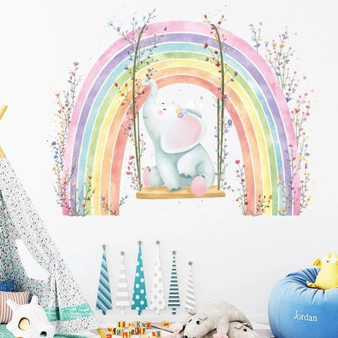 Aquarell Cartoon Tier Wandaufkleber Für Kinderzimmer PVC Abnehmbare Bär Hase Einhorn Elefant Regenbogen Wandtattoo