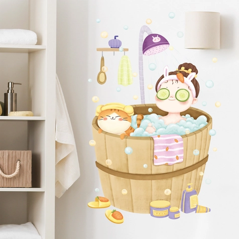 Cute Cartoon Girl Bathing Cat Wall Sticker Waterproof PVC Bathroom Toilet Decorative Art Mural Home Decor Adhesive Decal