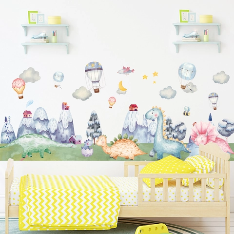 Adesivi Murali Dinosauro Acquerello Per Camera Bambini Montagna Innevata Bosco PVC Autoadesivo Impermeabile Decorazione Asilo