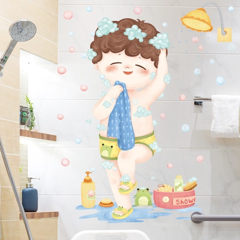 Cute Cartoon Boy Bathing Frog Prince Waterproof PVC Wall Sticker For Bathroom Toilet Decor Self Adhesive Shower Decal