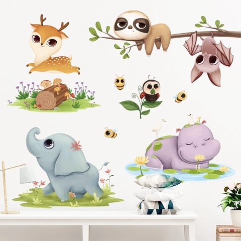 Cartoon Animal Wall Stickers For Kids Room Elephant Hippo Deer Bat PVC Waterproof DIY Wall Decals Nursery Bedroom Decor