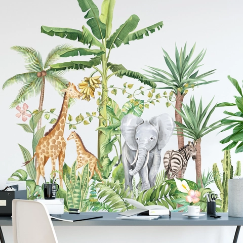 Nordisch Aquarell Jungeltiere Wandtattoo PVC Tropischer Regenwald Giraffe Elefant Zebra Aufkleber Für Kinderzimmer Deko
