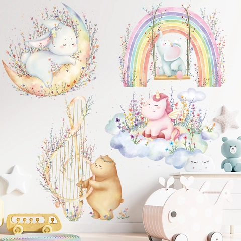 Aquarell Cartoon Tier Wandaufkleber Für Kinderzimmer PVC Abnehmbare Bär Hase Einhorn Elefant Regenbogen Wandtattoo