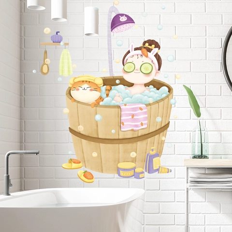Cute Cartoon Girl Bathing Cat Wall Sticker Waterproof PVC Bathroom Toilet Decorative Art Mural Home Decor Adhesive Decal