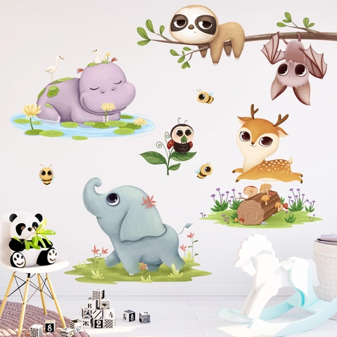 Cartoon Animal Wall Stickers For Kids Room Elephant Hippo Deer Bat PVC Waterproof DIY Wall Decals Nursery Bedroom Decor