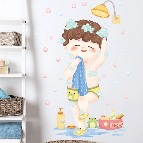 Cute Cartoon Boy Bathing Frog Prince Waterproof PVC Wall Sticker For Bathroom Toilet Decor Self Adhesive Shower Decal