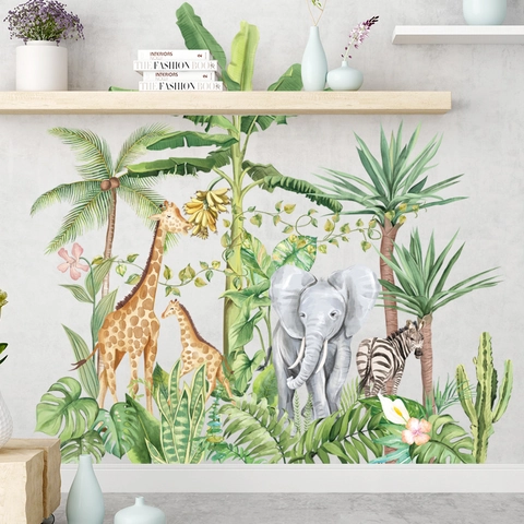 Nordisch Aquarell Jungeltiere Wandtattoo PVC Tropischer Regenwald Giraffe Elefant Zebra Aufkleber Für Kinderzimmer Deko