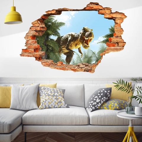 3D Dinosaur Wall Sticker Removable T-Rex Broken Wall Mural PVC Waterproof Decorative Art Decal For Kids Room Living Room Decor