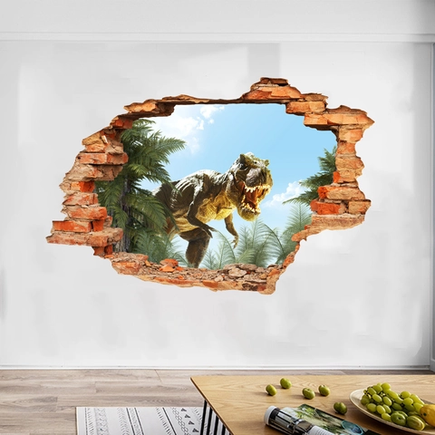 3D Dinosaur Wall Sticker Removable T-Rex Broken Wall Mural PVC Waterproof Decorative Art Decal For Kids Room Living Room Decor