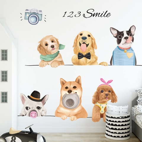 Stickers Muraux Chiens de Dessins Animés Mignons pour Chambre d'Enfant DIY 123 Smile PVC Imperméable Décalcomanies Murales