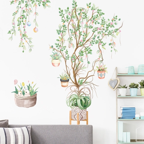 Pegatinas de Pared Plantas Flores Acuarela PVC Removibles Árbol Conejo Vides Calcomanías Para Sala de Estar Dormitorio Casa