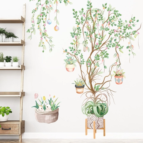 Pegatinas de Pared Plantas Flores Acuarela PVC Removibles Árbol Conejo Vides Calcomanías Para Sala de Estar Dormitorio Casa