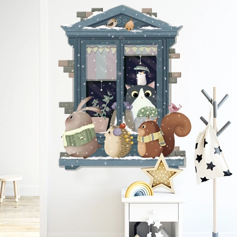 Nordic Style Cartoon Animal Winter Snow Window Wall Sticker PVC Removable Decal For Kids Room Nursery Bedroom Decor