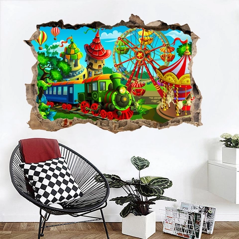3D Broken Wall Amusement Park Wall Sticker Removable PVC Decal For Kids Room Decor Cartoon Ferris Wheel Train Castle Mural
