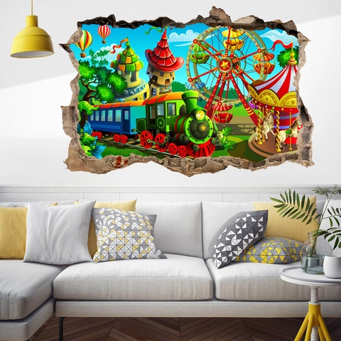 3D Broken Wall Amusement Park Wall Sticker Removable PVC Decal For Kids Room Decor Cartoon Ferris Wheel Train Castle Mural