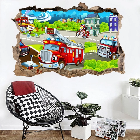 3D Wanddurchbruch Rettungsfahrzeuge Wandtattoo Cartoon Feuerwehr Hubschrauber PVC Wasserdicht Abnehmbar Deko Für Kinderzimmer