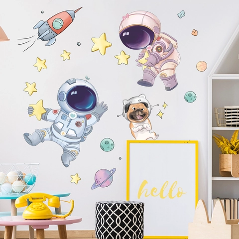 Cartoon Astronaut Rocket Stars Wall Stickers PVC Waterproof Removable Space Theme Decal For Kids Room Nursery Bedroom Decor