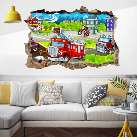 3D Wanddurchbruch Rettungsfahrzeuge Wandtattoo Cartoon Feuerwehr Hubschrauber PVC Wasserdicht Abnehmbar Deko Für Kinderzimmer