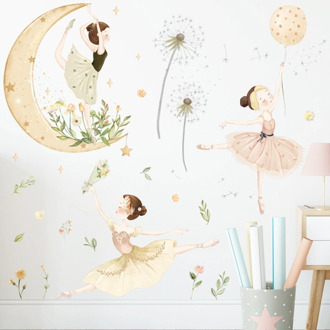 Aquarell Ballettmädchen Mond Sterne Wandaufkleber Nordische Ästhetik PVC Selbstklebende Dekore Für Kinderzimmer Schlafzimmer