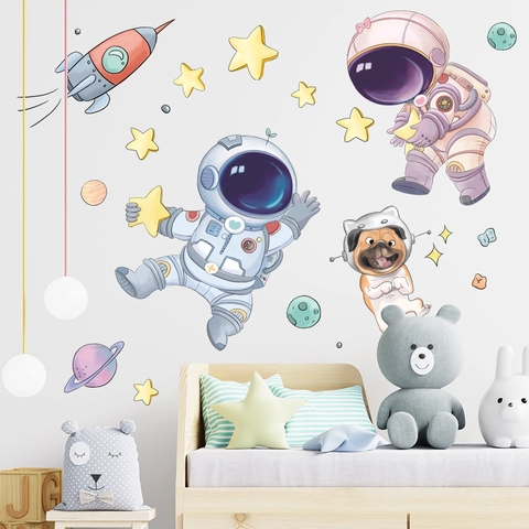 Cartoon Astronaut Rocket Stars Wall Stickers PVC Waterproof Removable Space Theme Decal For Kids Room Nursery Bedroom Decor