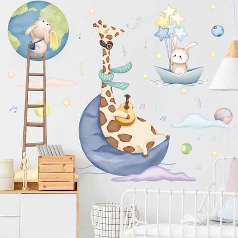 Aquarel Cartoon Giraffe Konijn Op Maan Muursticker PVC Waterdicht Sterren Planeten DIY Stickers Voor Kinderkamer Decoratie