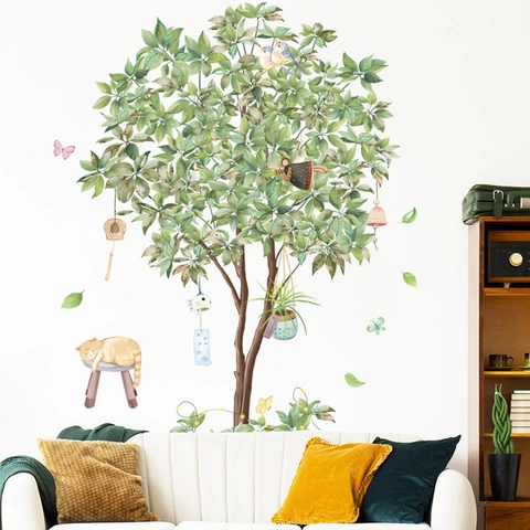 Stickers Muraux Arbre Vert Carillon Éolien Avec Chat Dormant Oiseau Papillon Motifs PVC Imperméable Pastoral Décalque pour Maison