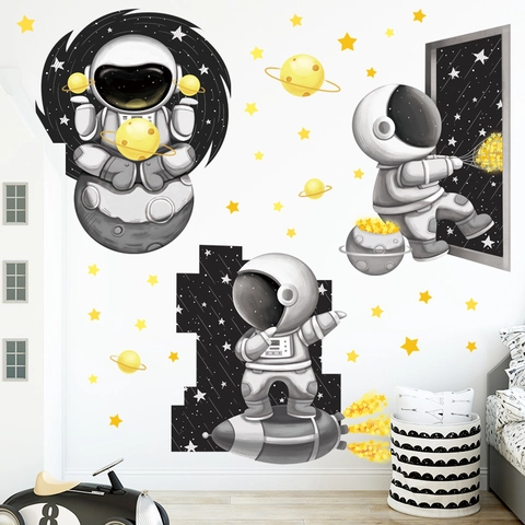 Cartoon Astronaut Weltraum Wandaufkleber Für Kinderzimmer Abnehmbare PVC Rakete Planet Sterne Kindergarten Wandtattoo Nordic Dekor