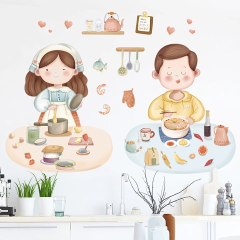 Cute Cartoon Kitchen Wall Stickers PVC Removable Decal Cooking Boy Girl Theme Decor For Dining Room Restaurant DIY Mural