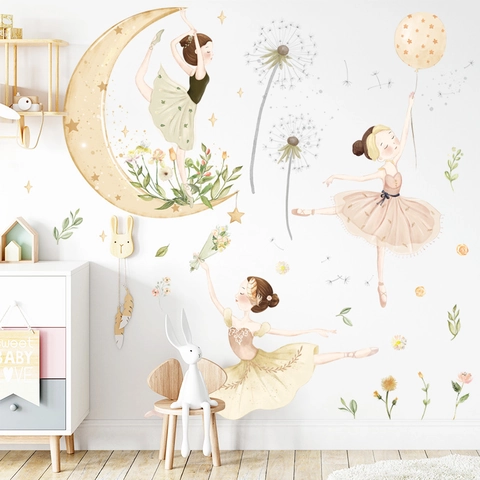Aquarell Ballettmädchen Mond Sterne Wandaufkleber Nordische Ästhetik PVC Selbstklebende Dekore Für Kinderzimmer Schlafzimmer
