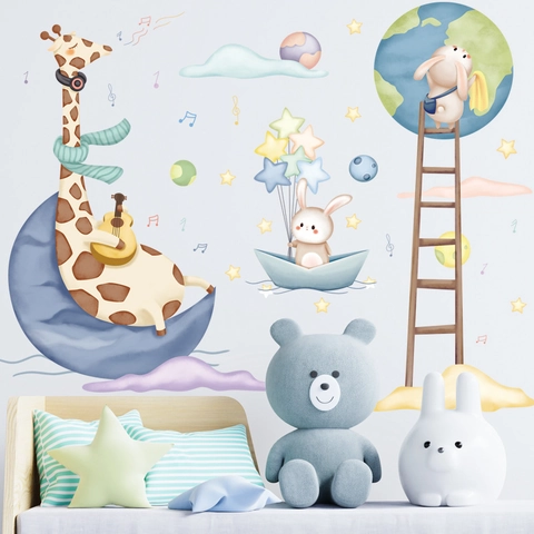Aquarel Cartoon Giraffe Konijn Op Maan Muursticker PVC Waterdicht Sterren Planeten DIY Stickers Voor Kinderkamer Decoratie