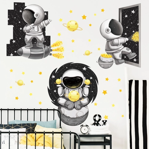 Cartoon Astronaut Weltraum Wandaufkleber Für Kinderzimmer Abnehmbare PVC Rakete Planet Sterne Kindergarten Wandtattoo Nordic Dekor