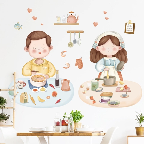 Cute Cartoon Kitchen Wall Stickers PVC Removable Decal Cooking Boy Girl Theme Decor For Dining Room Restaurant DIY Mural