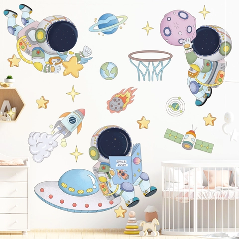 Cartoon Astronaut Ruimte Muurstickers Voor Kinderkamer Slaapkamer PVC Waterdicht DIY Raket UFO Planeet Ruimte Decoratie Stickers