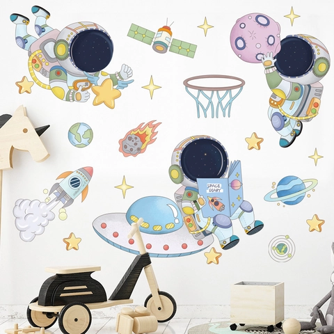 Cartoon Astronaut Ruimte Muurstickers Voor Kinderkamer Slaapkamer PVC Waterdicht DIY Raket UFO Planeet Ruimte Decoratie Stickers