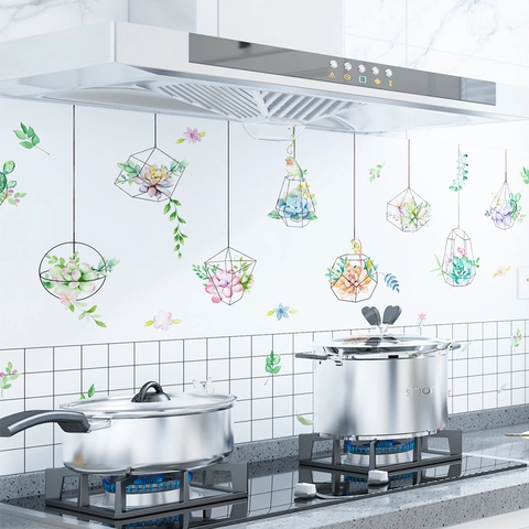 Pegatina de Pared de Cocina Resistente al Aceite Plantas Suculentas Colgantes Resistente al Calor Impermeable PVC Calcomanía