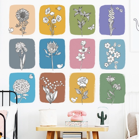 Moderne Scandinavische Minimalistische Handgetekende Botanische Bloemen Muurstickers Veelkleurige PVC Muurstickers Decoratie