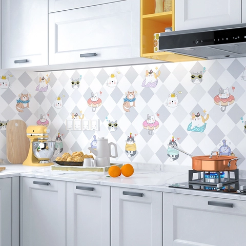 Ölbeständige Küchen Wandaufkleber Hitzebeständig Wasserdicht PVC Wandtattoo Für Schrank Herd Cartoon Katze Rautenmuster DIY Heimdekoration
