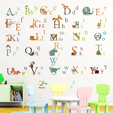 Cartoon Tier Alphabet Wandaufkleber Für Kinderzimmer Abnehmbar PVC Wasserdicht Bildung Kindergarten Klassenzimmer Dekor Poster