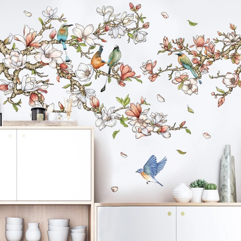 Large Magnolia Flower And Bird Wall Stickers PVC Waterproof Hand-painted Style Decal For Living Room Bedroom TV Background