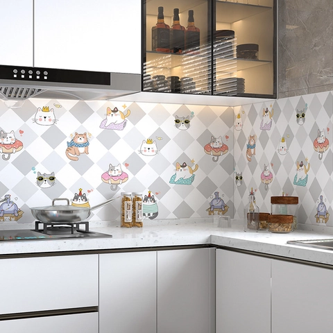 Ölbeständige Küchen Wandaufkleber Hitzebeständig Wasserdicht PVC Wandtattoo Für Schrank Herd Cartoon Katze Rautenmuster DIY Heimdekoration