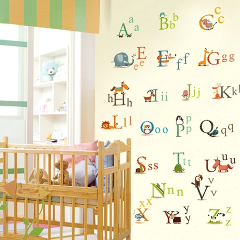 Cartoon Tier Alphabet Wandaufkleber Für Kinderzimmer Abnehmbar PVC Wasserdicht Bildung Kindergarten Klassenzimmer Dekor Poster